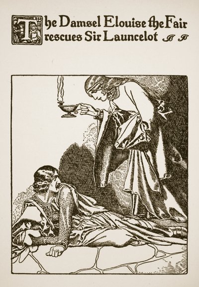 De jonkvrouw Elouise de Schone redt Sir Launcelot, illustratie uit 